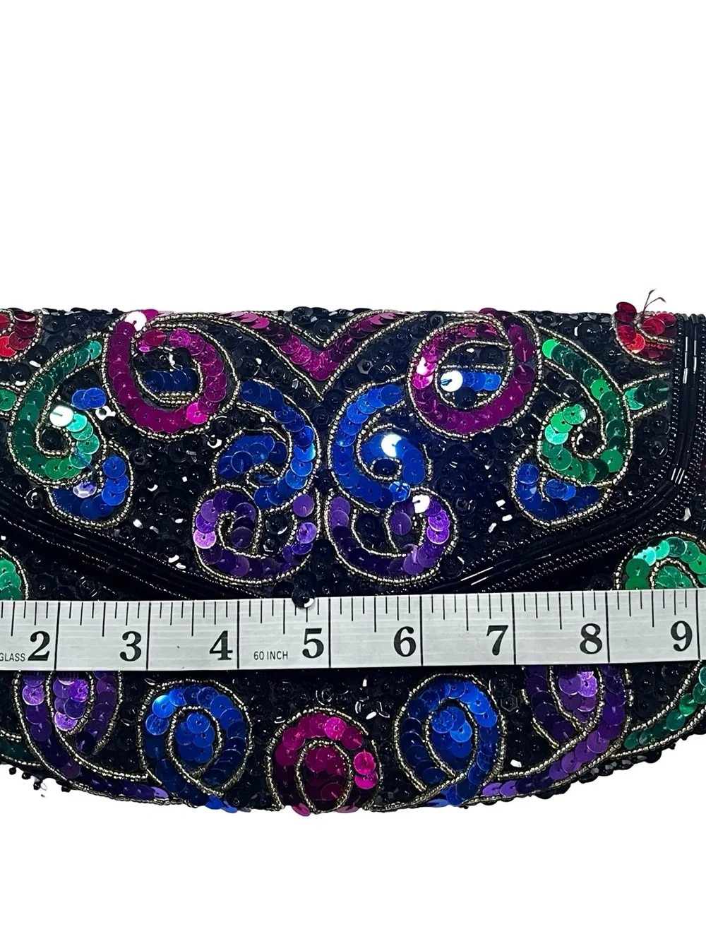 Vtg Multicolor Sequin Hand Beaded Evening Clutch Bag Black Seed Bead Cocktail